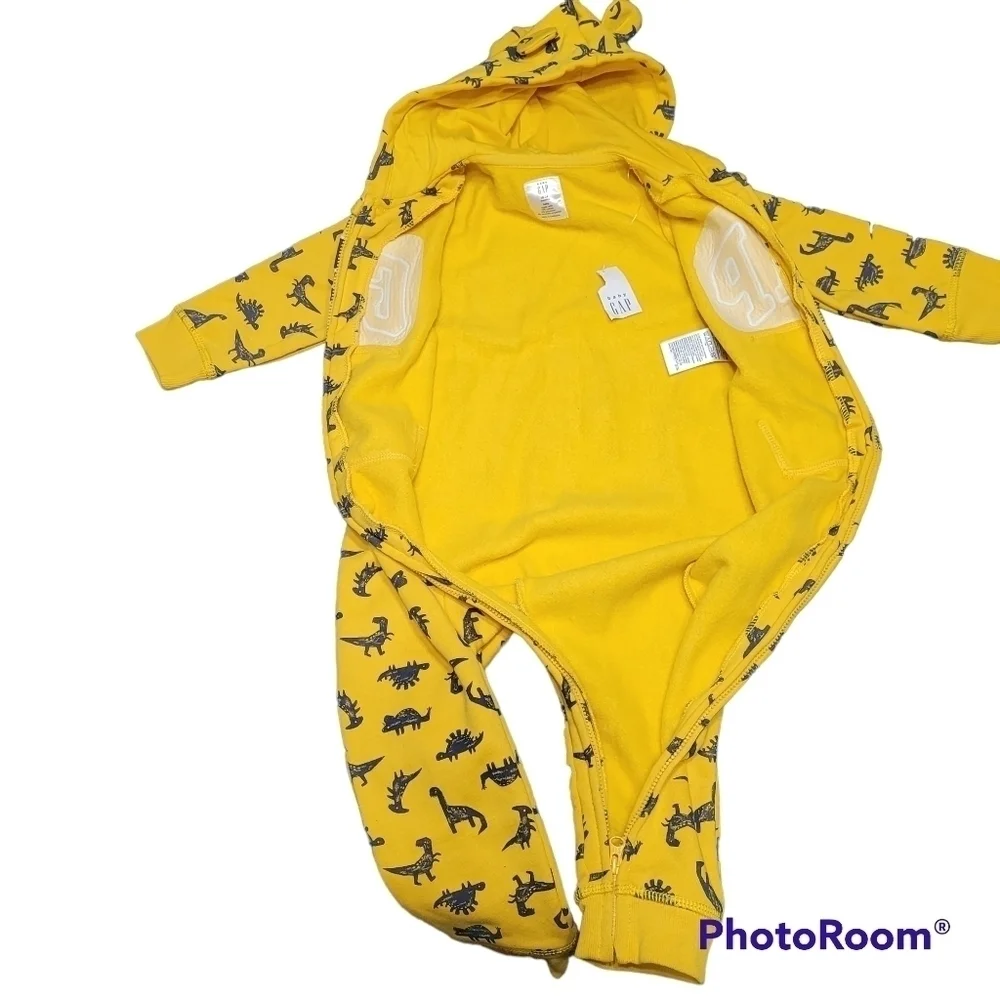 Gap Yellow Full Zip Dinosaur Graphic Hooded One Piece Jumpsuit 18-24 Months
